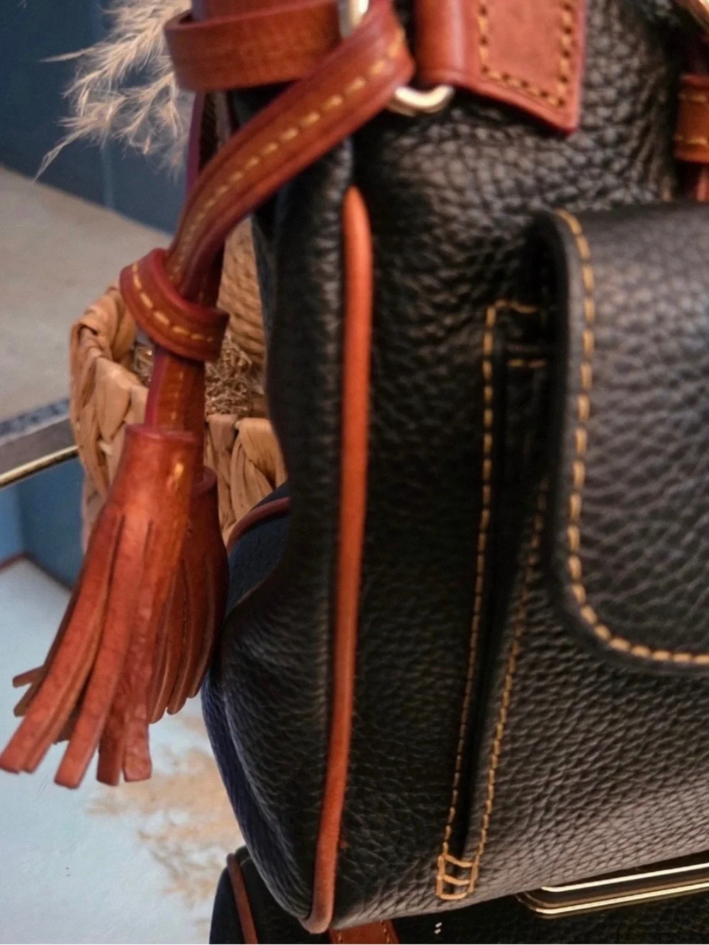 Dooney & Bourke Black Pebbled Leather Tote with Brown Trim